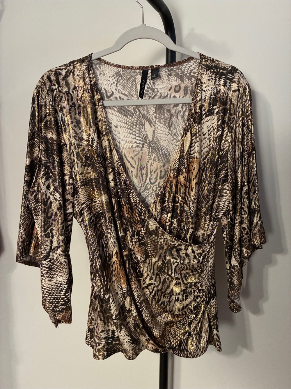 Chiasso Animal-Print Surplice Blouse in Brown Cream Gold Metallic Sequins Large